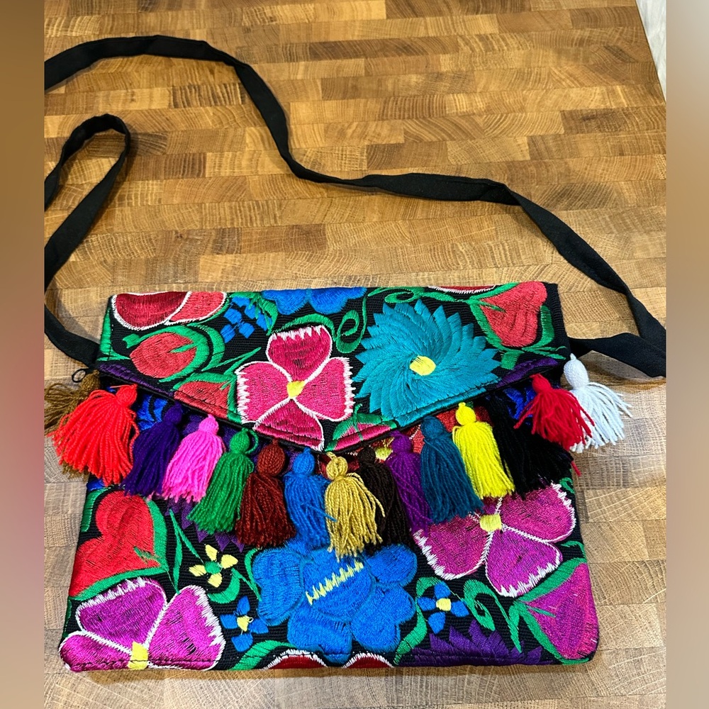 Handmade Bright Colorful Floral Embroidered Purse With Tassels